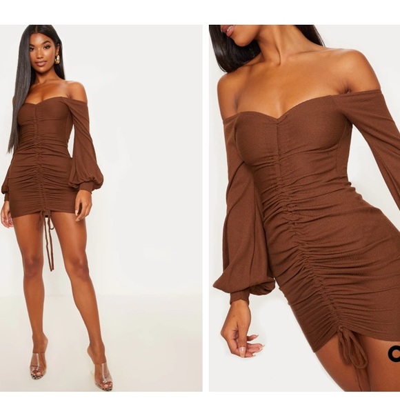 Prettylittlething Dresses | Ribbed Bardot Balloon Sleeve Ruched Bodycon Dress | Color: Brown | Size: 12 | Nishellesmith's Closet